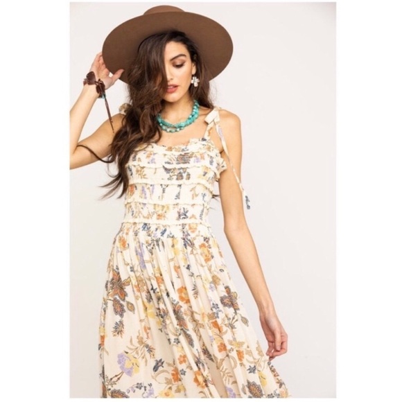 Free People Isla Floral Tie Strap Smocked Bodice Midi Dress Sweet Cream Small - Picture 4 of 16